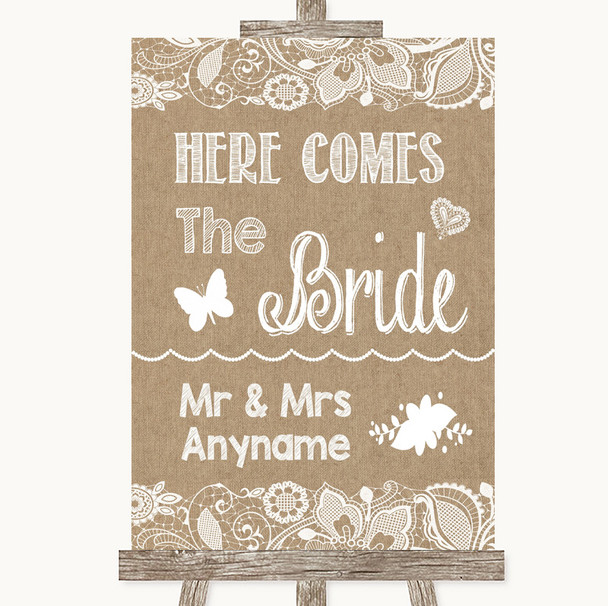 Burlap & Lace Here Comes Bride Aisle Sign Personalized Wedding Sign