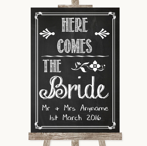 Chalk Sketch Here Comes Bride Aisle Sign Personalized Wedding Sign