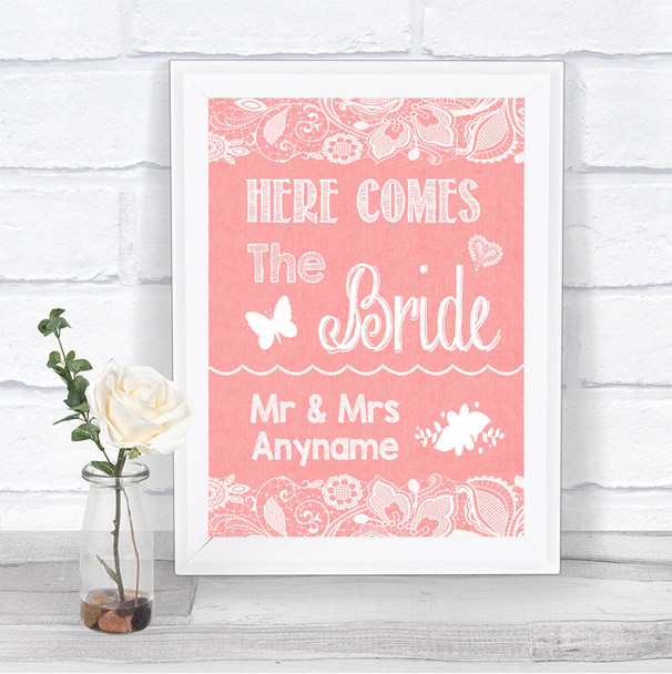 Coral Burlap & Lace Here Comes Bride Aisle Sign Personalized Wedding Sign