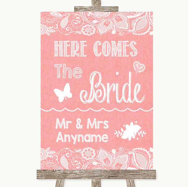 Coral Burlap & Lace Here Comes Bride Aisle Sign Personalized Wedding Sign