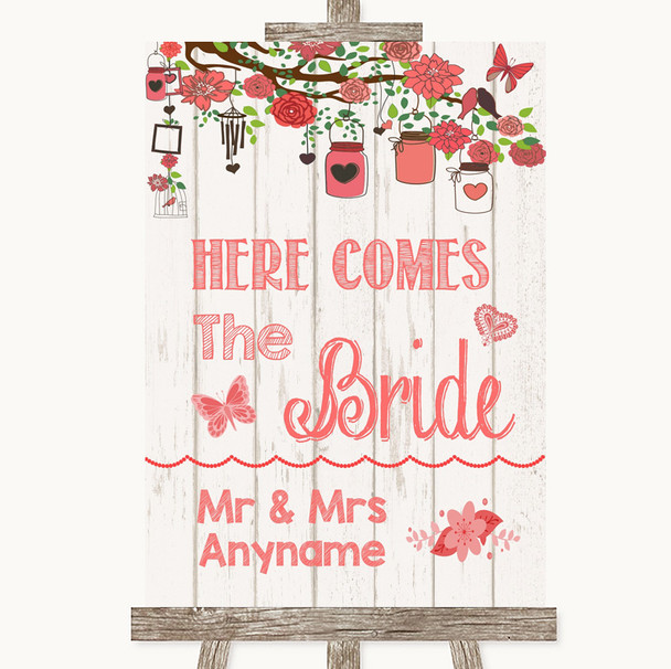 Coral Rustic Wood Here Comes Bride Aisle Sign Personalized Wedding Sign