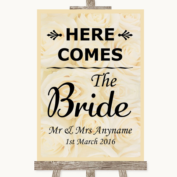 Cream Roses Here Comes Bride Aisle Sign Personalized Wedding Sign