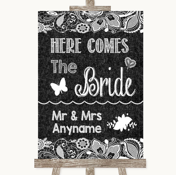 Dark Grey Burlap & Lace Here Comes Bride Aisle Sign Personalized Wedding Sign