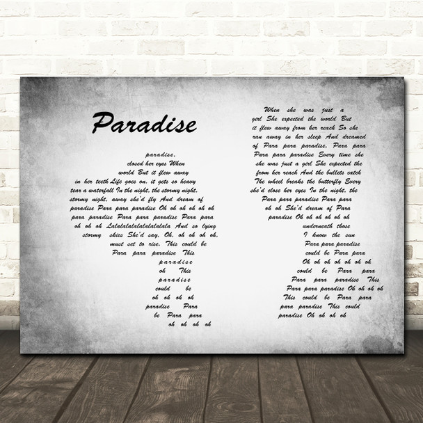 Coldplay Paradise Man Lady Couple Grey Song Lyric Print