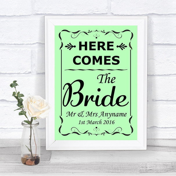 Green Here Comes Bride Aisle Sign Personalized Wedding Sign