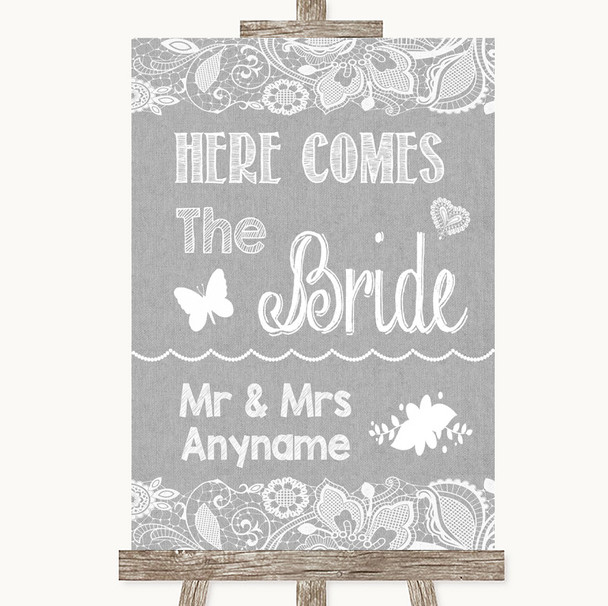 Grey Burlap & Lace Here Comes Bride Aisle Sign Personalized Wedding Sign