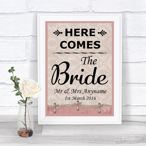 Pink Shabby Chic Here Comes Bride Aisle Sign Personalized Wedding Sign