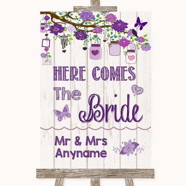Purple Rustic Wood Here Comes Bride Aisle Sign Personalized Wedding Sign