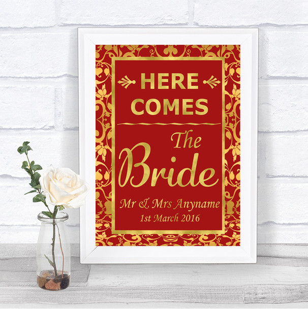 Red & Gold Here Comes Bride Aisle Sign Personalized Wedding Sign