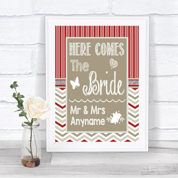 Red & Grey Winter Here Comes Bride Aisle Sign Personalized Wedding Sign