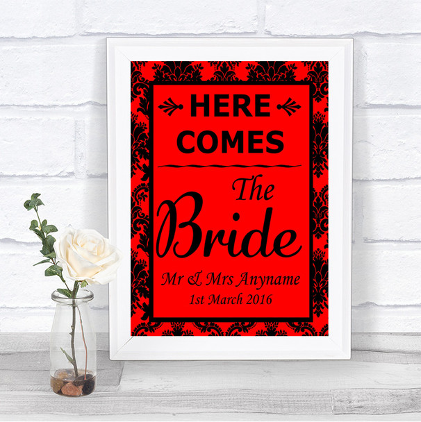 Red Damask Here Comes Bride Aisle Sign Personalized Wedding Sign