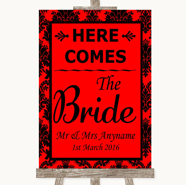 Red Damask Here Comes Bride Aisle Sign Personalized Wedding Sign