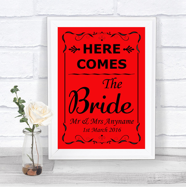 Red Here Comes Bride Aisle Sign Personalized Wedding Sign