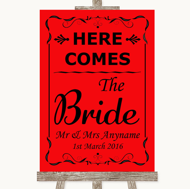 Red Here Comes Bride Aisle Sign Personalized Wedding Sign
