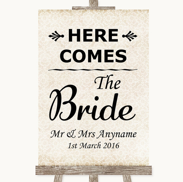 Shabby Chic Ivory Here Comes Bride Aisle Sign Personalized Wedding Sign