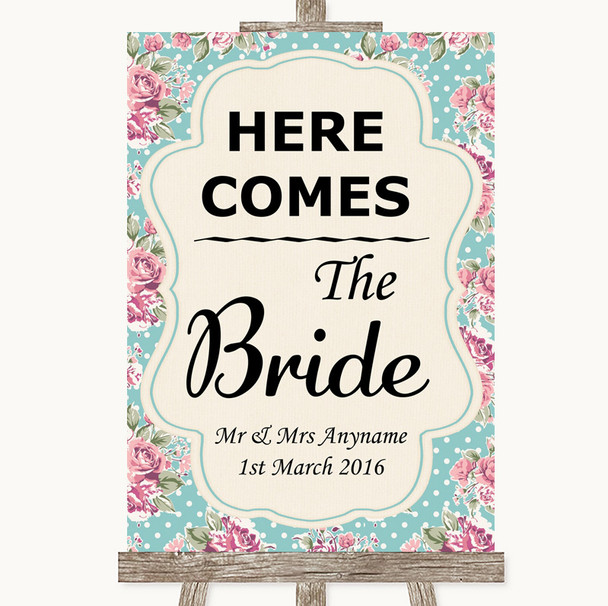 Vintage Shabby Chic Rose Here Comes Bride Aisle Sign Personalized Wedding Sign