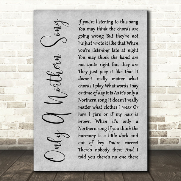 The Beatles Only A Northern Grey Song Rustic Script Grey Song Lyric Quote Print