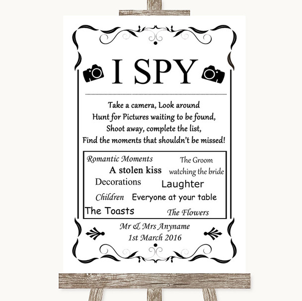 Black & White I Spy Disposable Camera Personalized Wedding Sign