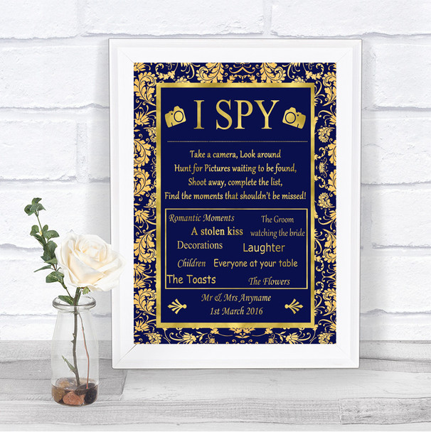 Blue & Gold I Spy Disposable Camera Personalized Wedding Sign