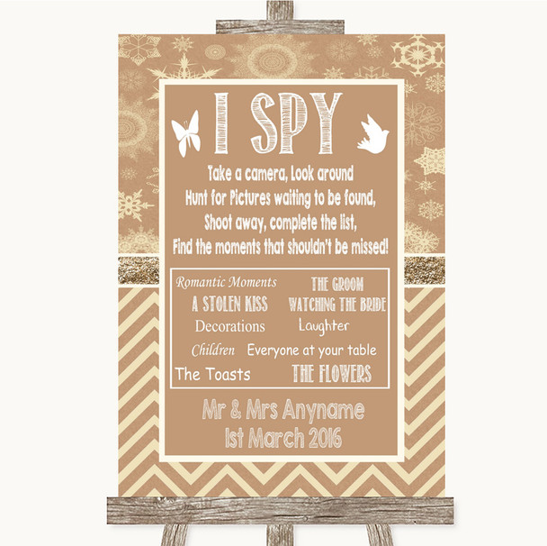 Brown Winter I Spy Disposable Camera Personalized Wedding Sign