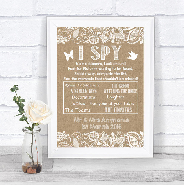 Burlap & Lace I Spy Disposable Camera Personalized Wedding Sign