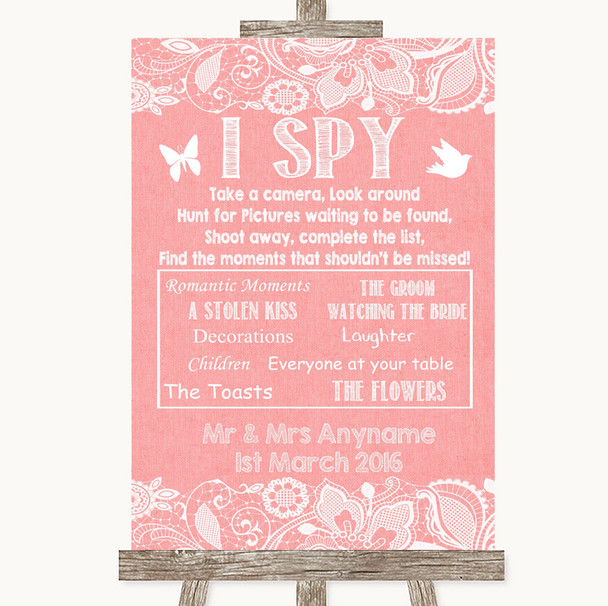 Coral Burlap & Lace I Spy Disposable Camera Personalized Wedding Sign