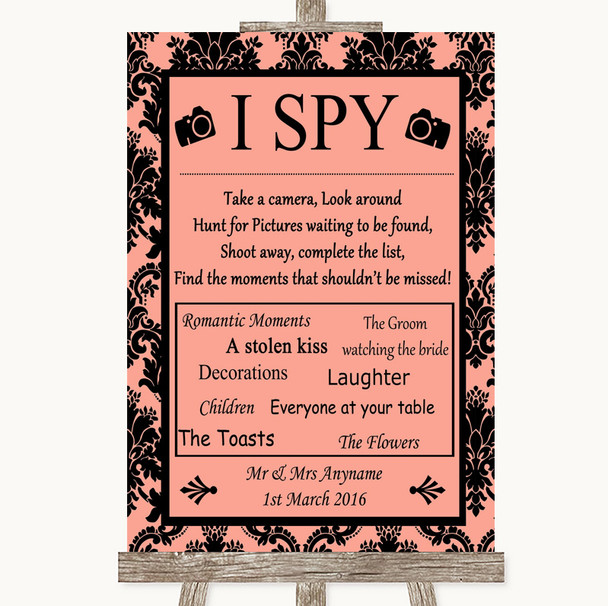 Coral Damask I Spy Disposable Camera Personalized Wedding Sign