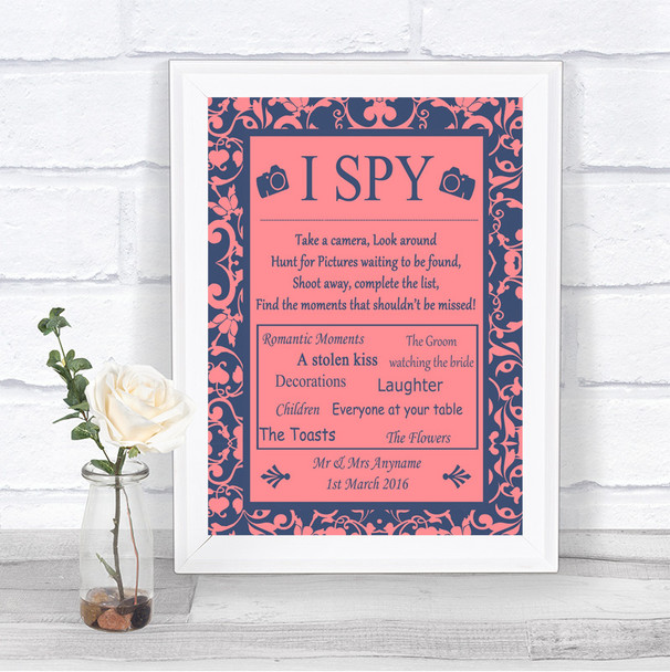Coral Pink & Blue I Spy Disposable Camera Personalized Wedding Sign