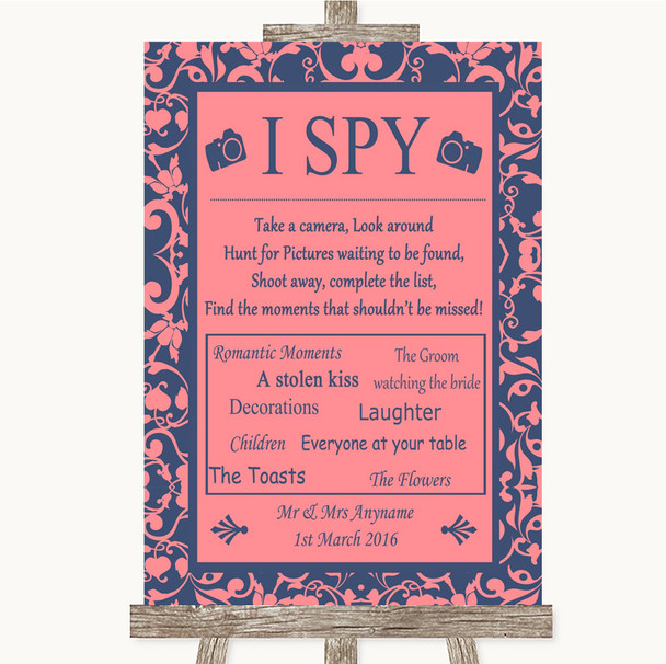 Coral Pink & Blue I Spy Disposable Camera Personalized Wedding Sign