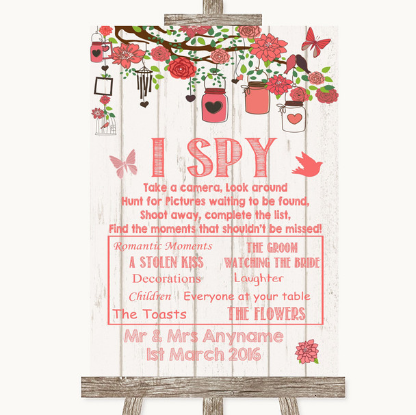 Coral Rustic Wood I Spy Disposable Camera Personalized Wedding Sign