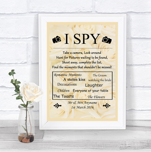 Cream Roses I Spy Disposable Camera Personalized Wedding Sign