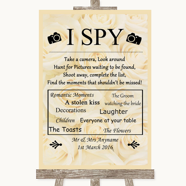 Cream Roses I Spy Disposable Camera Personalized Wedding Sign