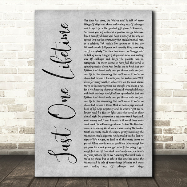 Sting & Shaggy Just One Lifetime Rustic Script Grey Song Lyric Print