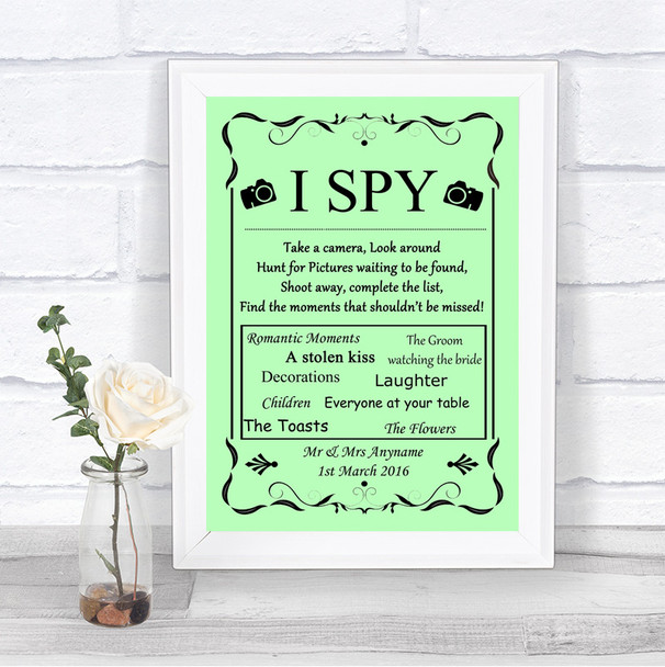 Green I Spy Disposable Camera Personalized Wedding Sign