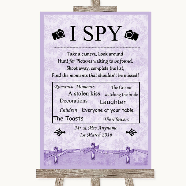 Lilac Shabby Chic I Spy Disposable Camera Personalized Wedding Sign