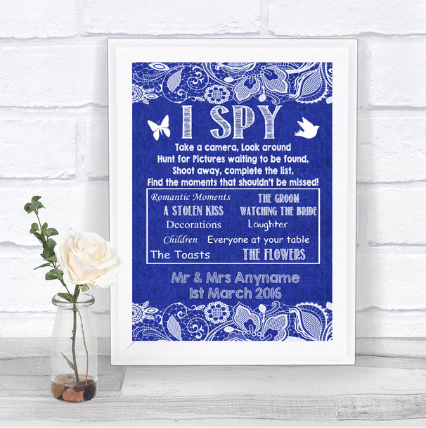 Navy Blue Burlap & Lace I Spy Disposable Camera Personalized Wedding Sign