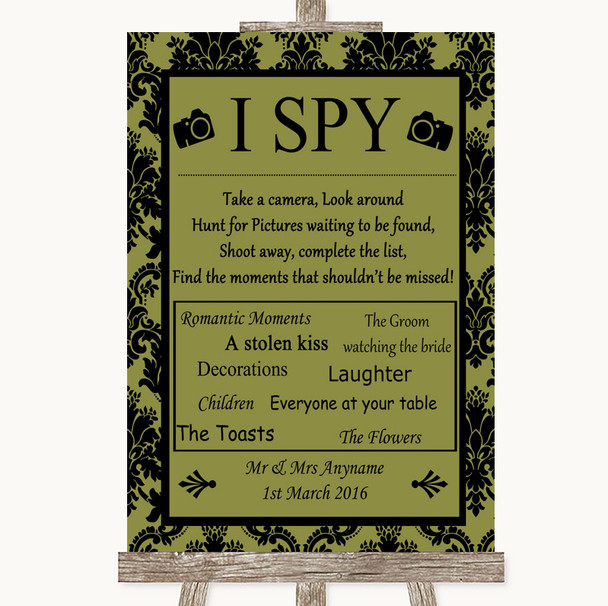 Olive Green Damask I Spy Disposable Camera Personalized Wedding Sign