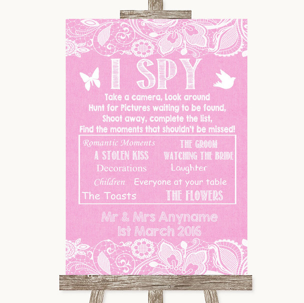 Pink Burlap & Lace I Spy Disposable Camera Personalized Wedding Sign