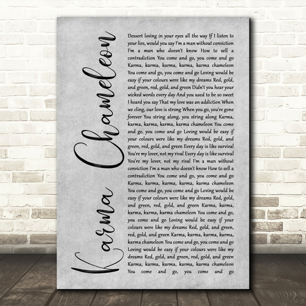 Culture Club Karma Chameleon Grey Rustic Script Song Lyric Print