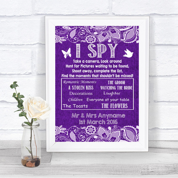 Purple Burlap & Lace I Spy Disposable Camera Personalized Wedding Sign