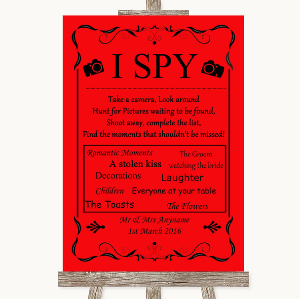 Red I Spy Disposable Camera Personalized Wedding Sign