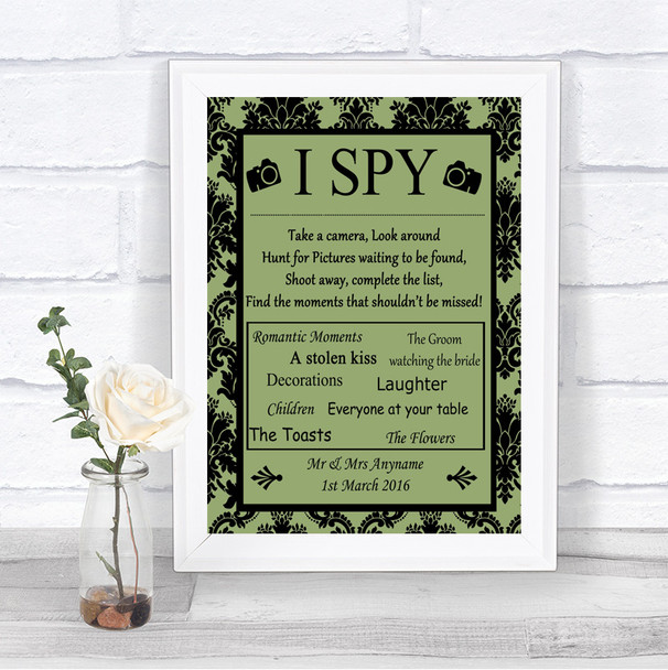 Sage Green Damask I Spy Disposable Camera Personalized Wedding Sign