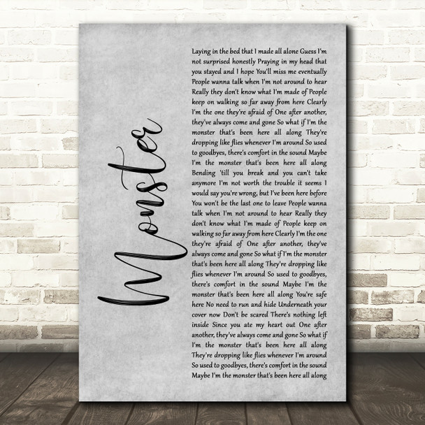 Gabbie Hanna Monster Rustic Script Grey Song Lyric Quote Print