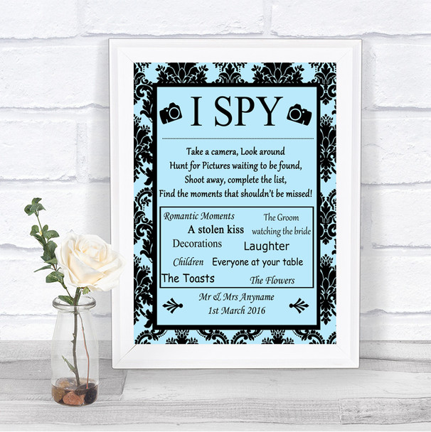 Sky Blue Damask I Spy Disposable Camera Personalized Wedding Sign