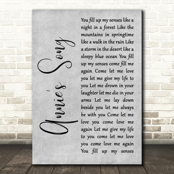 John Denver Annie's Song Grey Rustic Script Song Lyric Print
