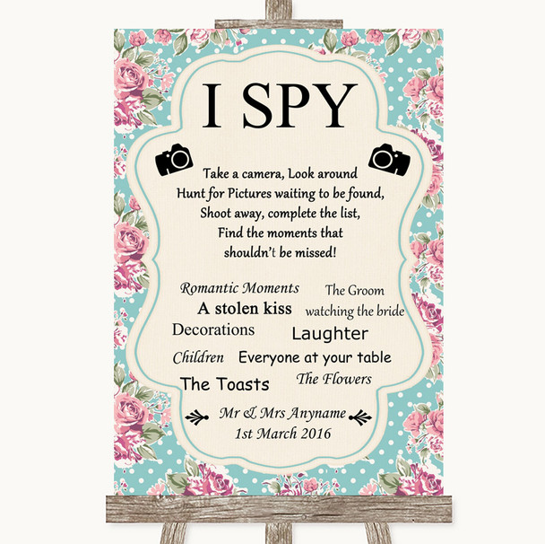 Vintage Shabby Chic Rose I Spy Disposable Camera Personalized Wedding Sign