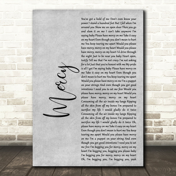 Shawn Mendes Mercy Rustic Script Grey Song Lyric Quote Print