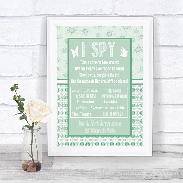 Winter Green I Spy Disposable Camera Personalized Wedding Sign