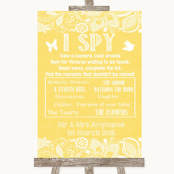 Yellow Burlap & Lace I Spy Disposable Camera Personalized Wedding Sign