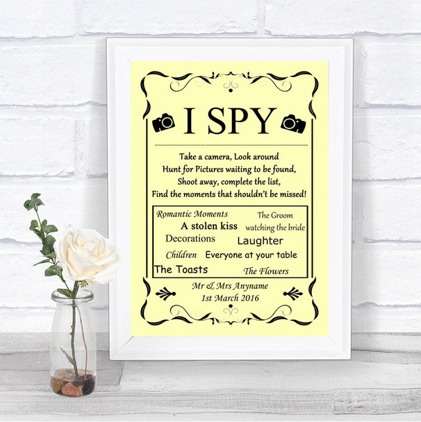 Yellow I Spy Disposable Camera Personalized Wedding Sign